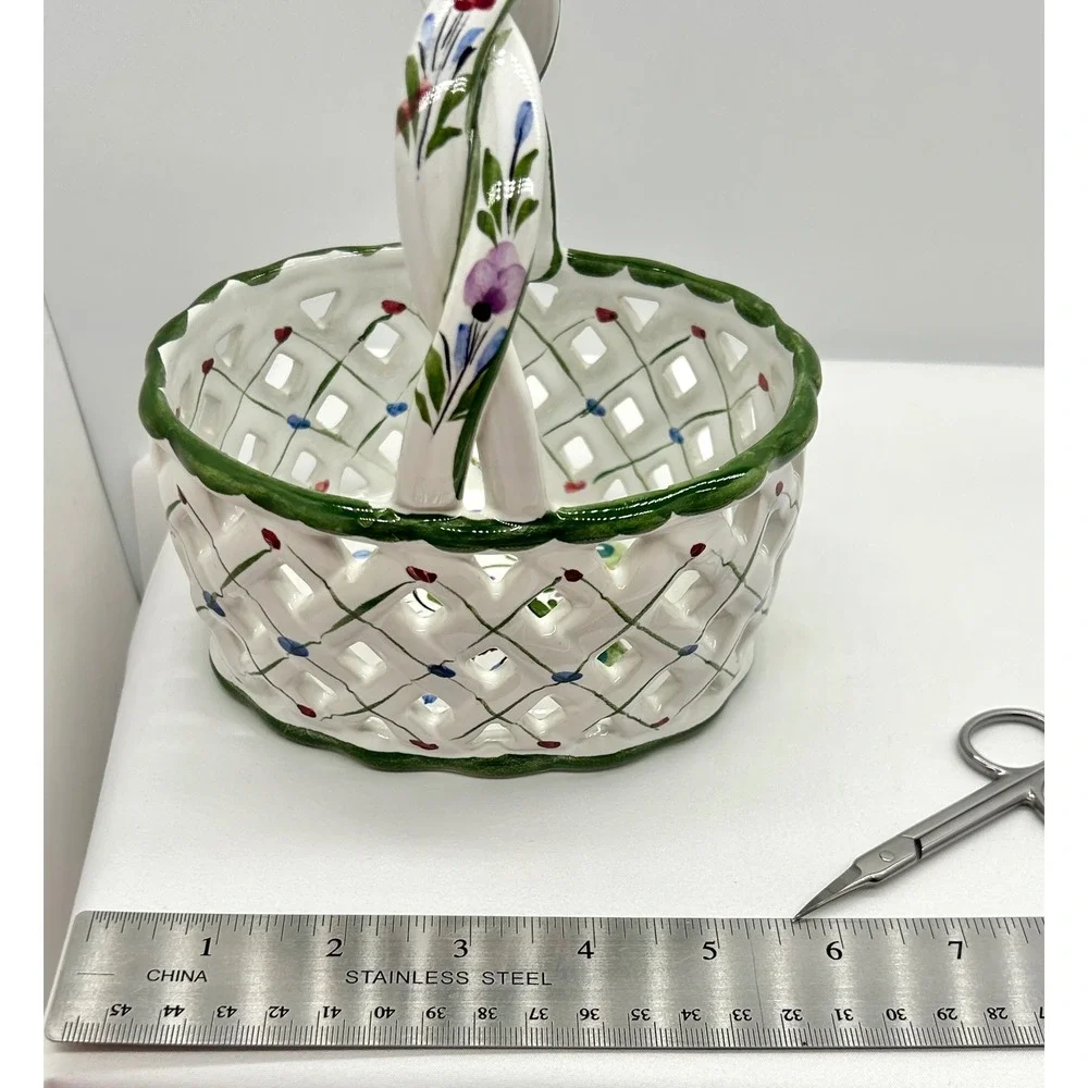 RCCL Hand Painted Portugal Ceramic Lattice Basket Floral Twisted Handle Floral